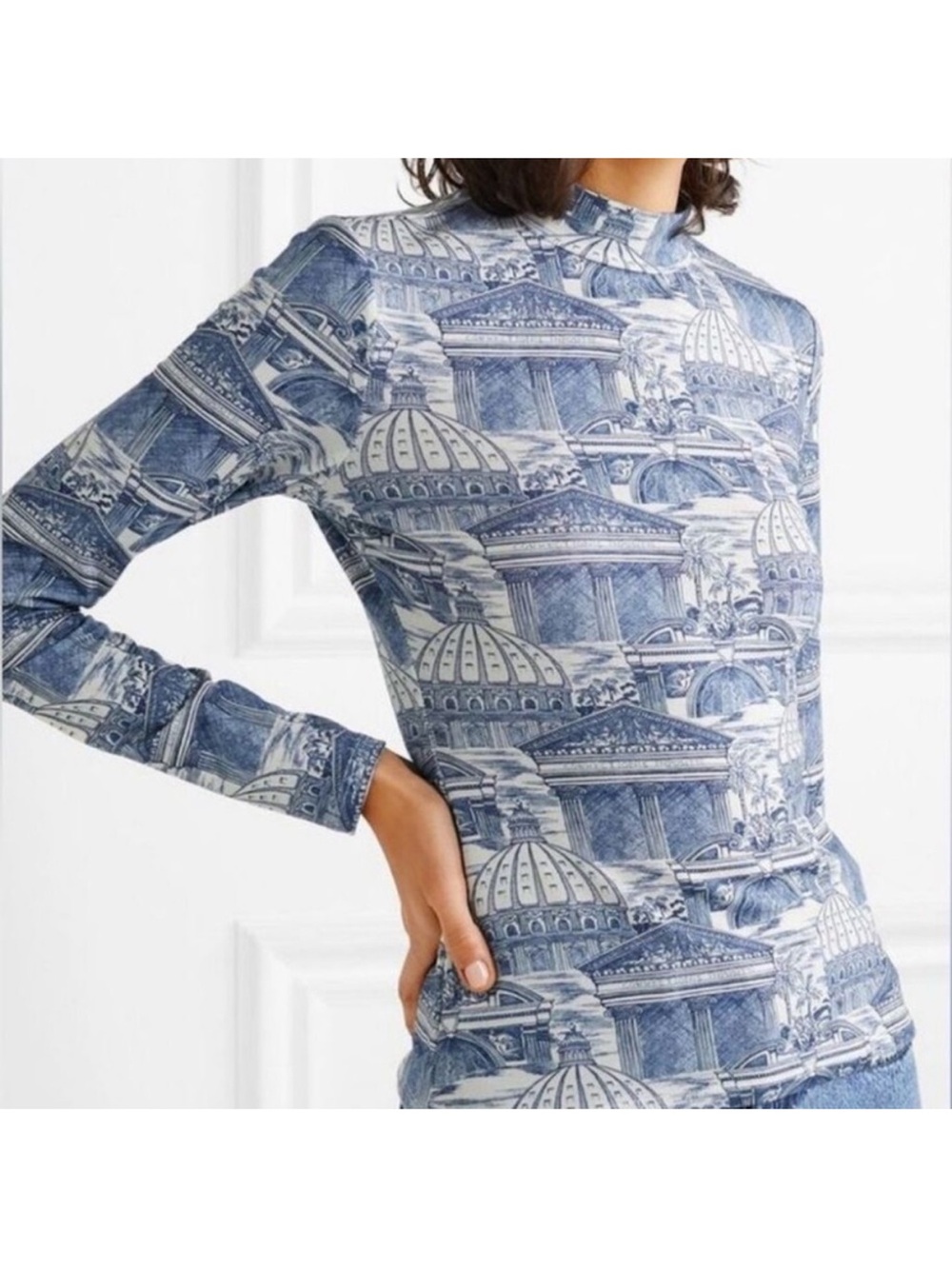 Reformation Blue Architectural Print Long-Sleeve Mock Neck Top